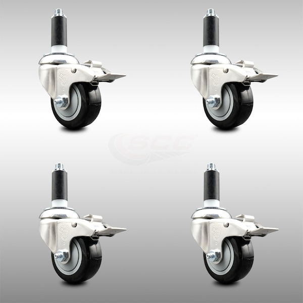 Service Caster 3 Inch 316SS Black Poly Swivel 1-1/8 Inch Expanding Stem Caster Set Lock Brake SCC-SS316TTLEX20S314-PPUB-BLK-118-4 - main